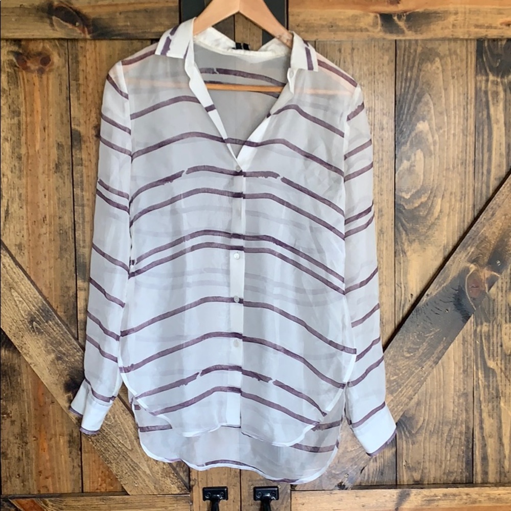 Theory 100% silk sheer striped button down blouse
